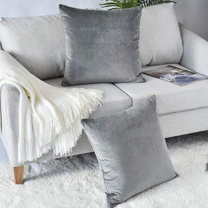 Set of 2 Gray Soft Velvet Pillow Covers Zip Grey Throw Pillows 18" Square New